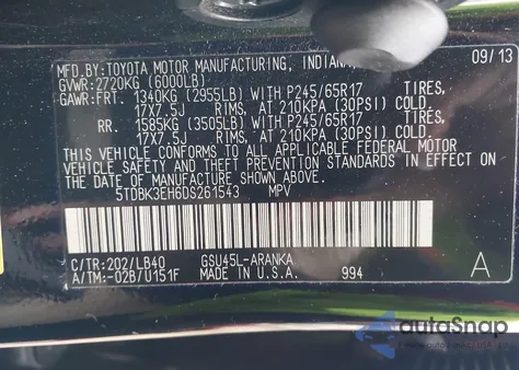 2013 Toyota Highlander Se V6 from USA, damaged, VIN 5TDBK3EH6DS261543